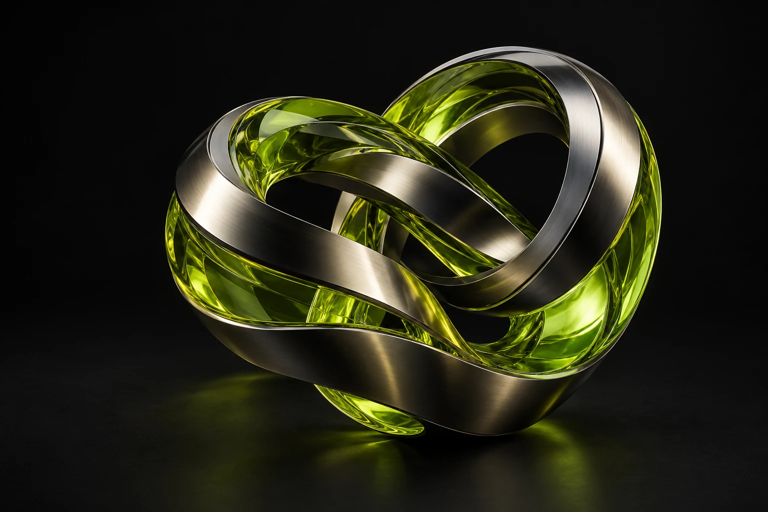 Connected titanium and lime glass sculpture representing unified business systems