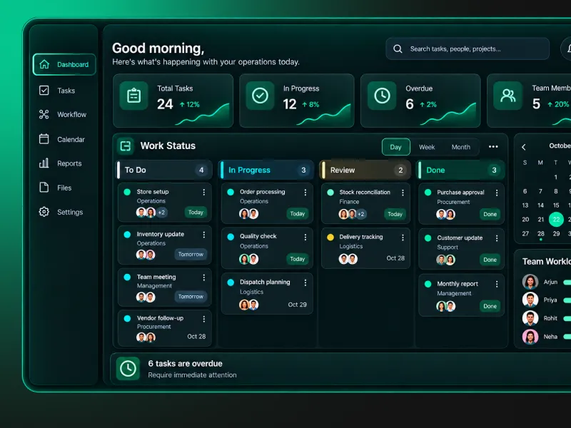 Operations dashboard with tasks and ownership